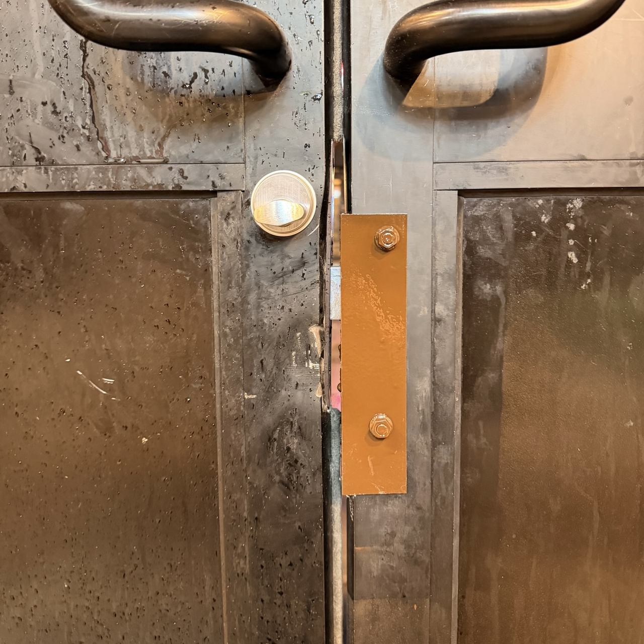 Reinforced lock and strike area fastened on commercial double doors