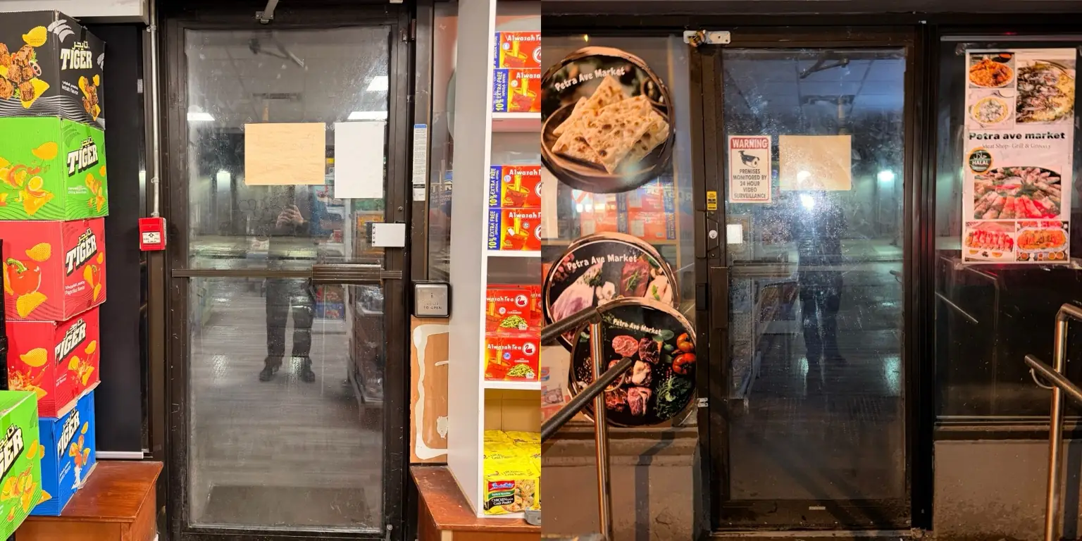 Two commercial entrance doors restored and aligned after emergency repair
