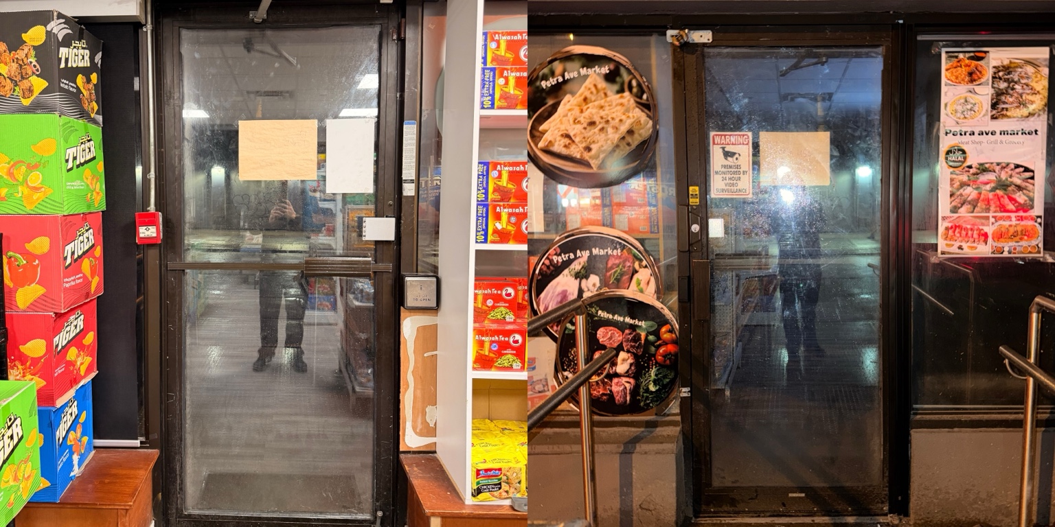 Two commercial entrance doors restored and aligned after emergency repair