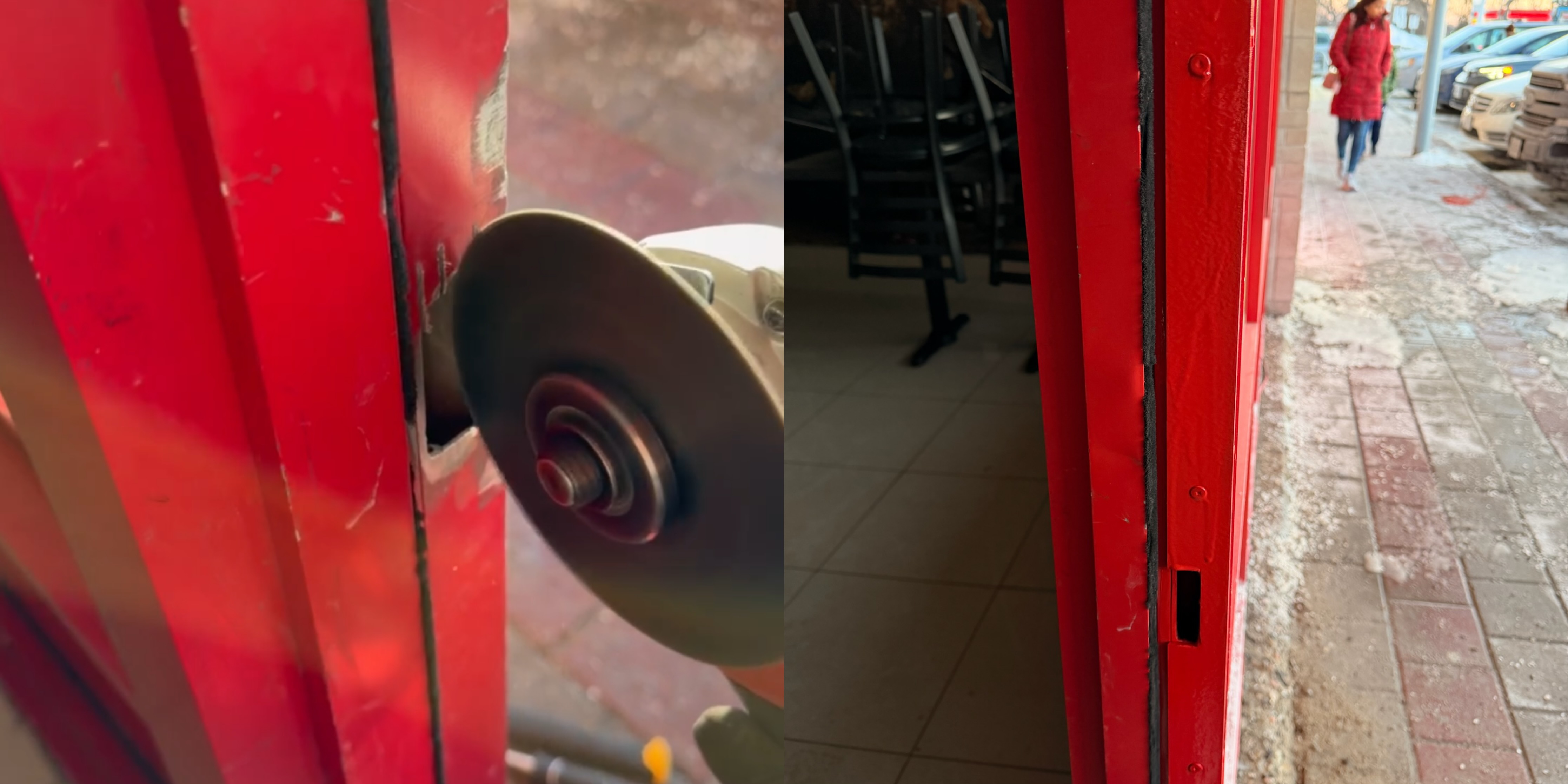 Repair process rebuilding the damaged lock-side area of a red commercial door