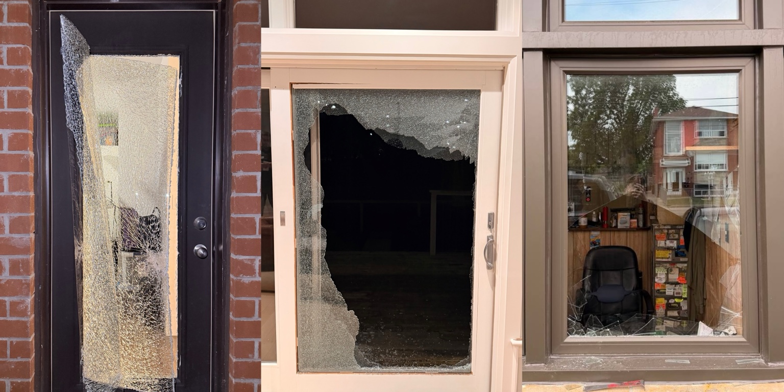Collage of broken entry door glass, patio door glass and storefront glass before emergency board-up