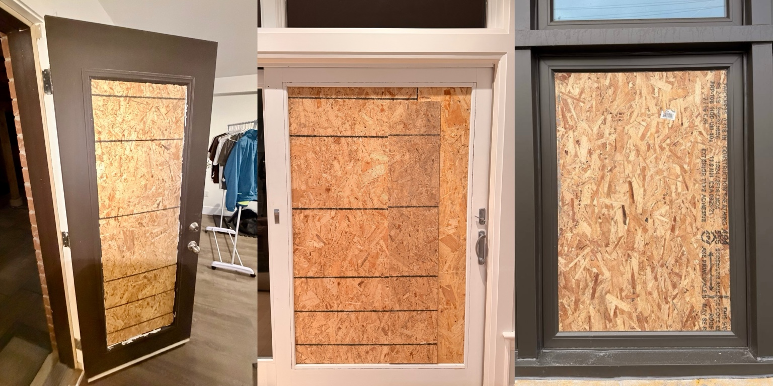 Collage of board-up installed over entry door, patio door and storefront glass openings