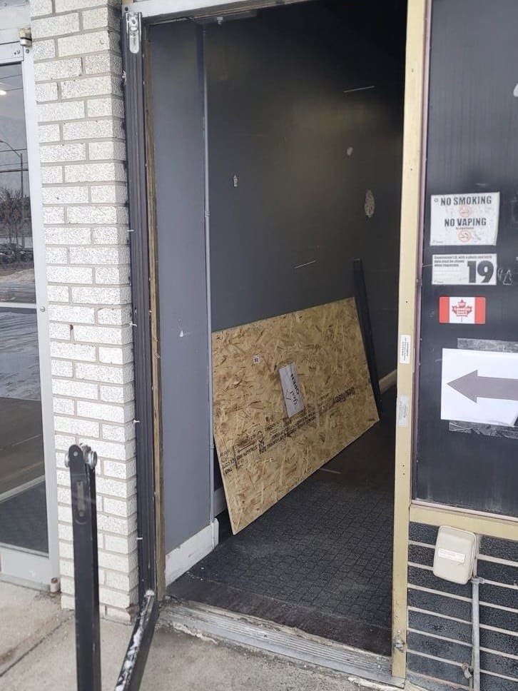 Commercial aluminum doors damaged after a break-in and no longer suitable for repair