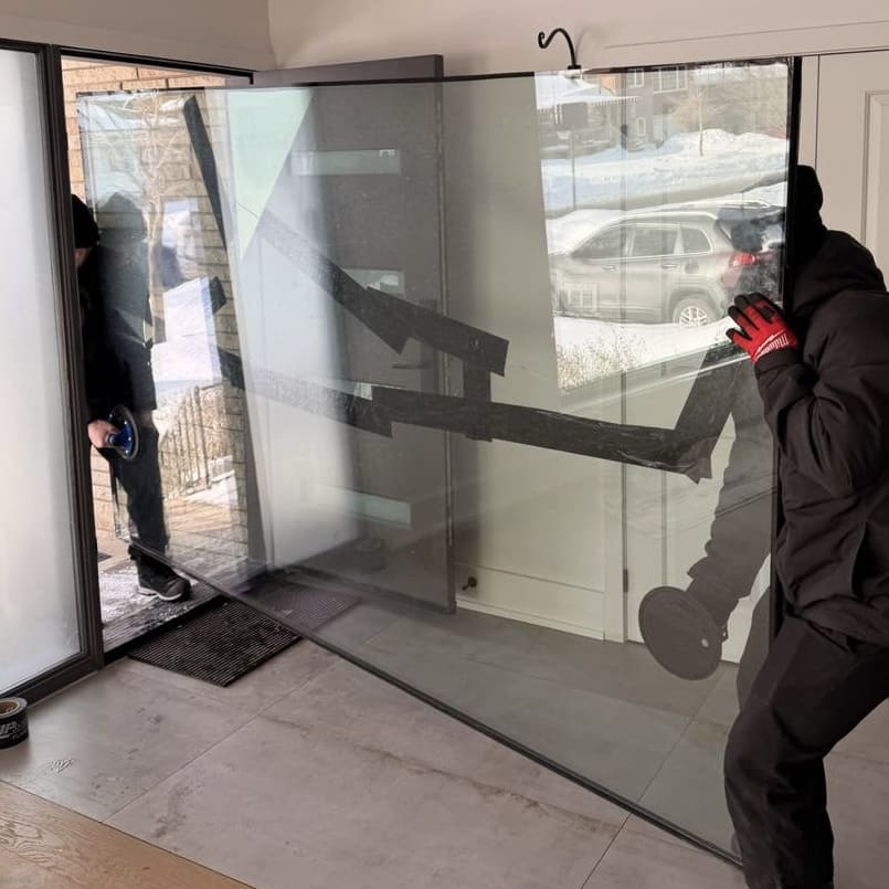 Technicians removing and carrying broken residential glass