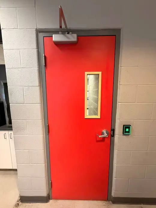 Small vertical vision lite window installed in a Mississauga door.