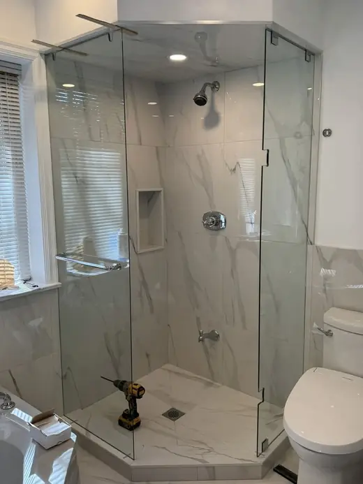 New tiled neo-angle shower opening in Richmond Hill before custom glass installation
