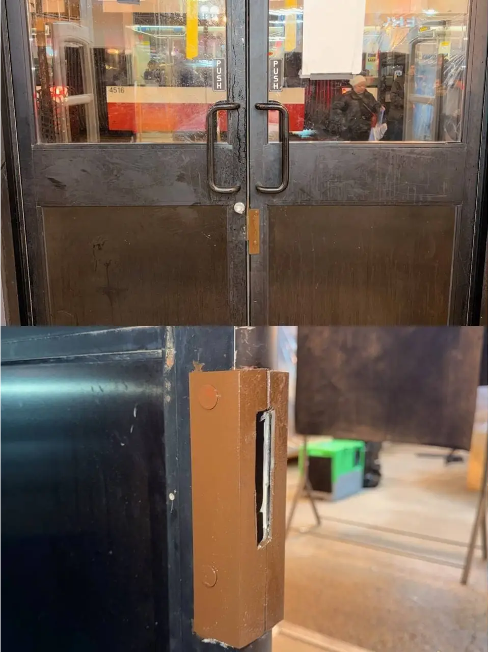 Urban Outfitters Queen St W storefront door secured after break-in repair in Toronto