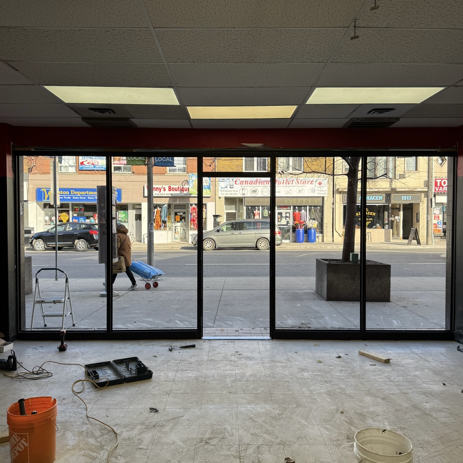 New aluminum storefront frame installed inside retail space