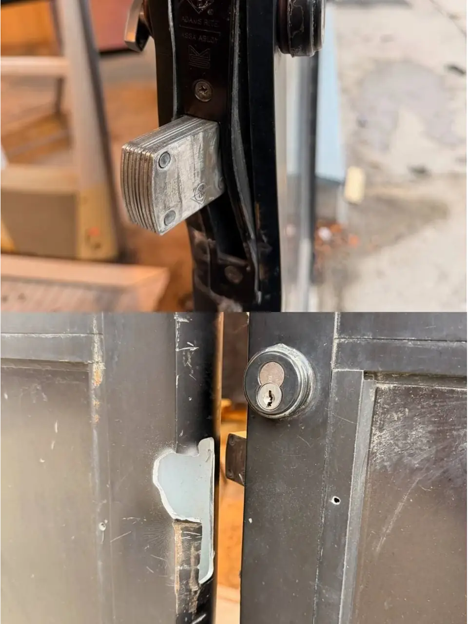 Urban Outfitters storefront door on Queen St W after break-in damage before repair