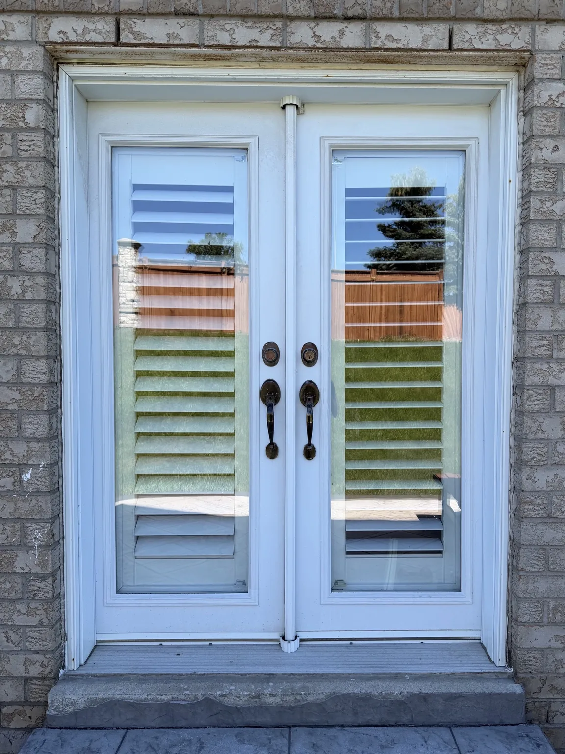 Existing double front entry doors in Purpleville Vaughan before storm door installation