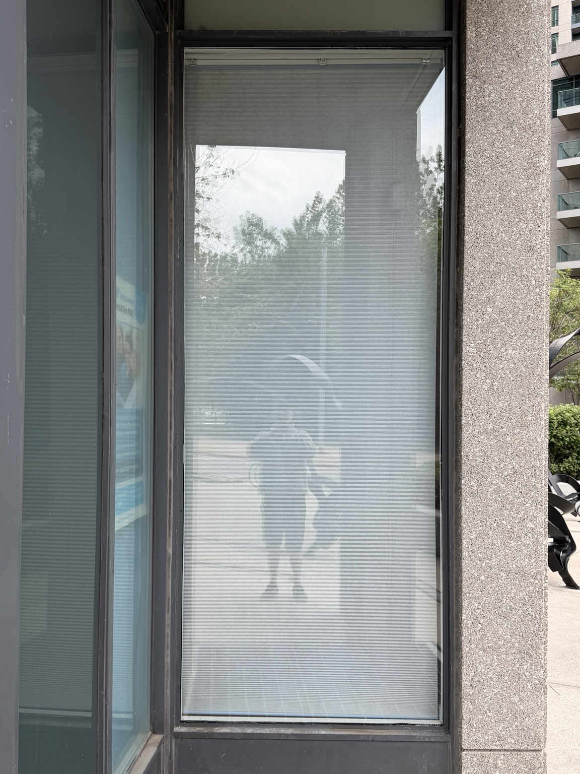 Blinds reinstalled behind new storefront glass after replacement